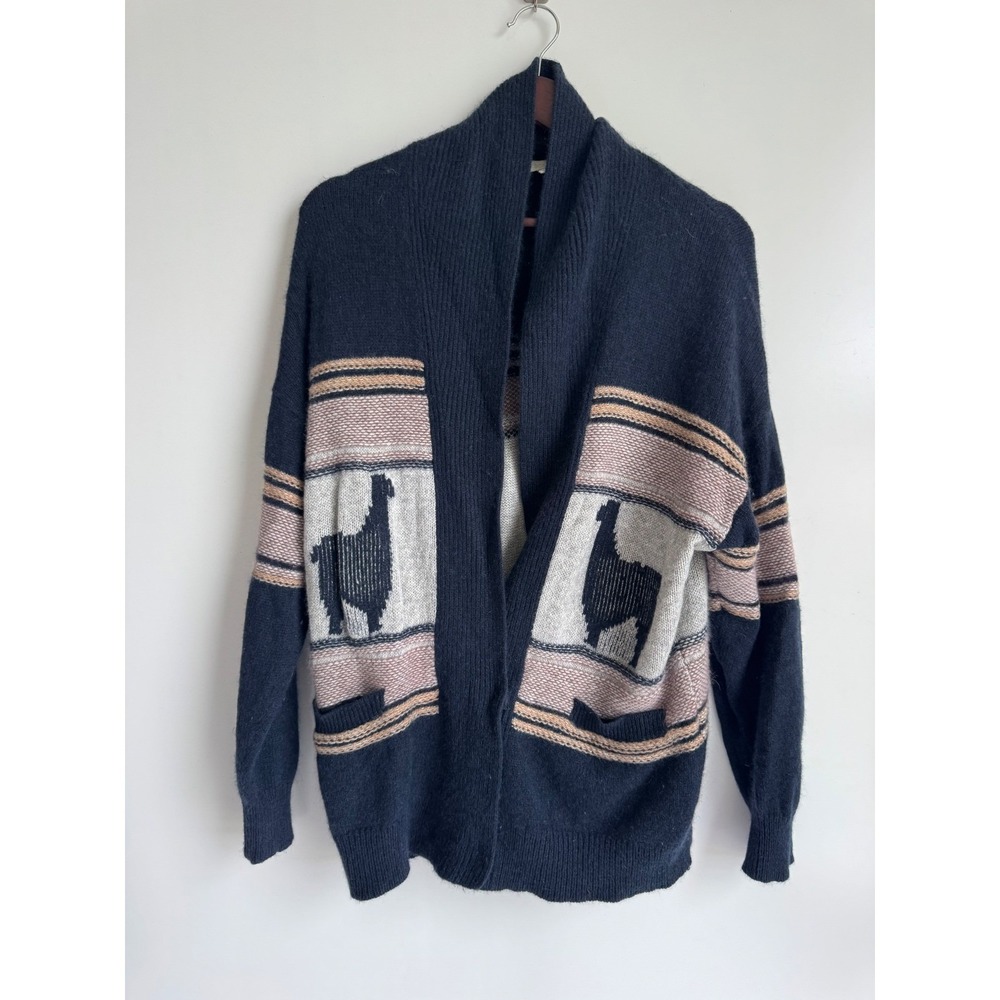 Naked Cashmere Llama Southwestern Cardigan Navy Blue Boho Shawl Collar L RARE